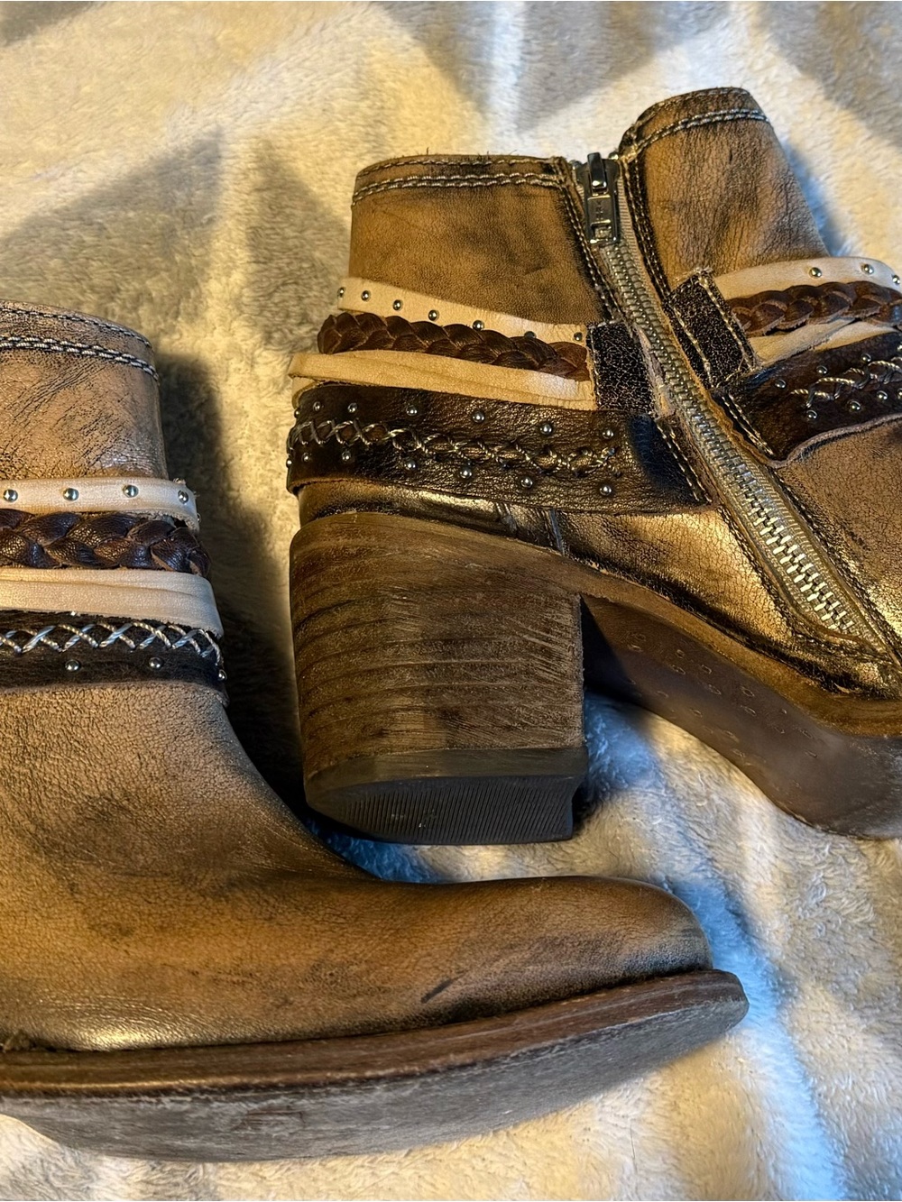 Freebird by Steven Taupe Brown Braided Studded Ankle Boots